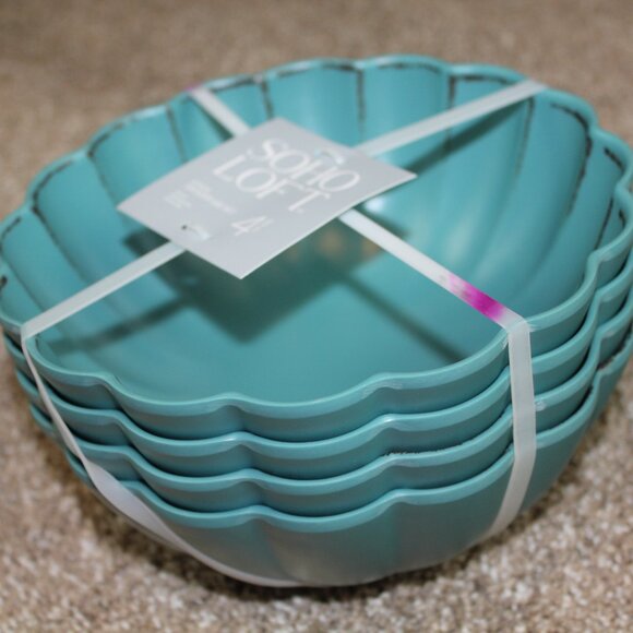 Soho Loft Bowls Teal Rustic Scalloped Set of 4 Melamine 7.5" Cereal Brown NWT - Picture 3 of 5